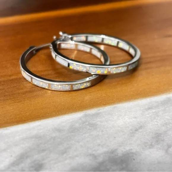 New Sterling Silver Iridescent Opal Hoop Earrings 925 - Picture 6 of 8